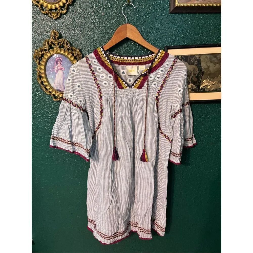 Anthropologie Maeve Blue Striped Yarn Embellished Dress Short Flare Sleeves Sz X